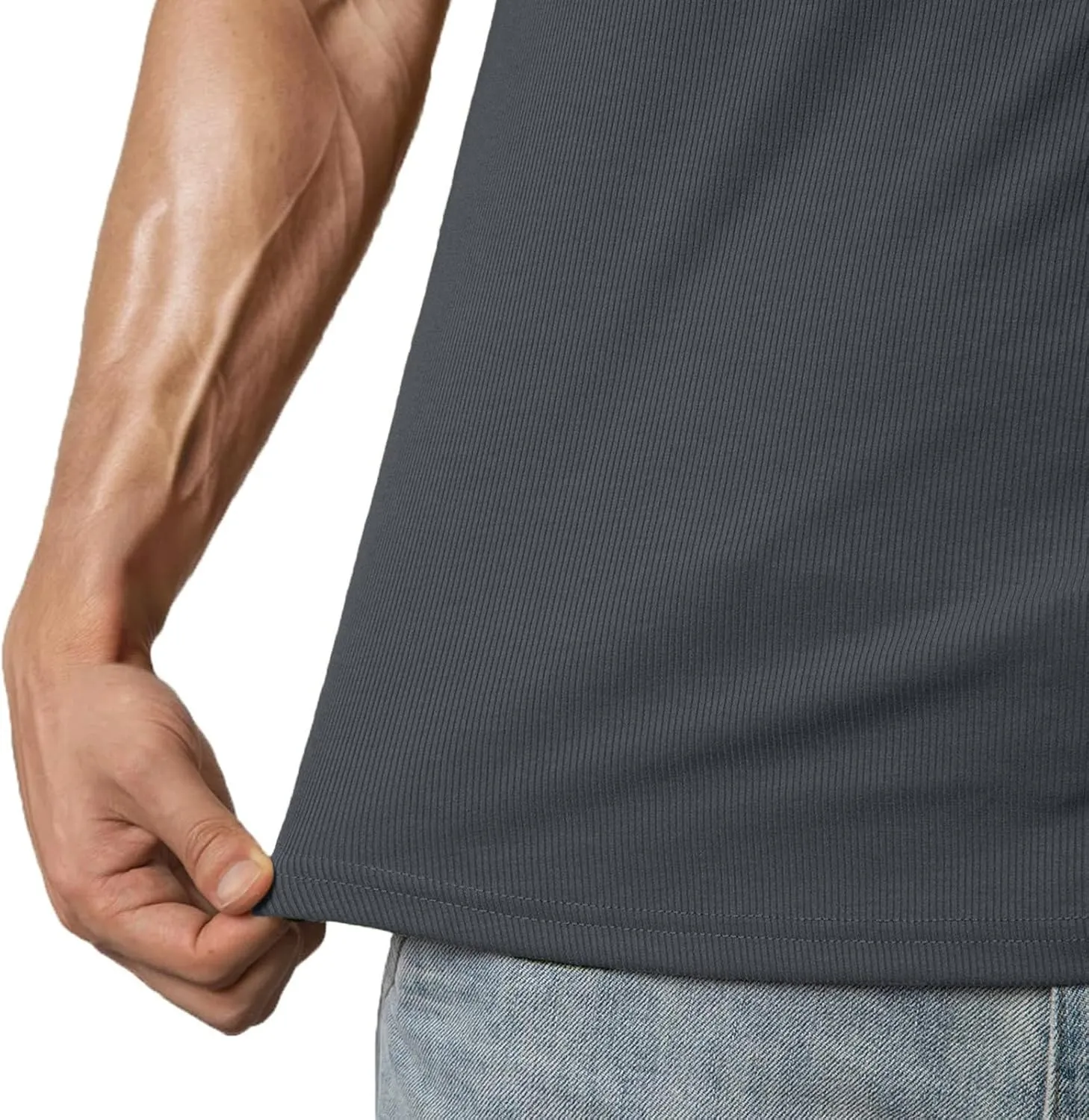 Men's Fashion Ribbed V Neck T Shirts Side Slit Hem Gym Training Workout Tunic Tops Summer Casual Short Sleeve Tees