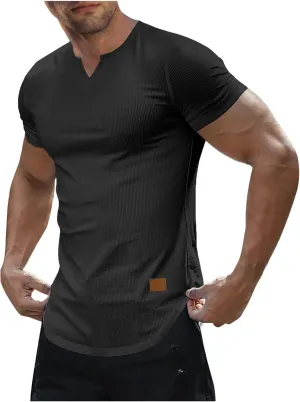 Men's Fashion Ribbed V Neck T Shirts Side Slit Hem Gym Training Workout Tunic Tops Summer Casual Short Sleeve Tees