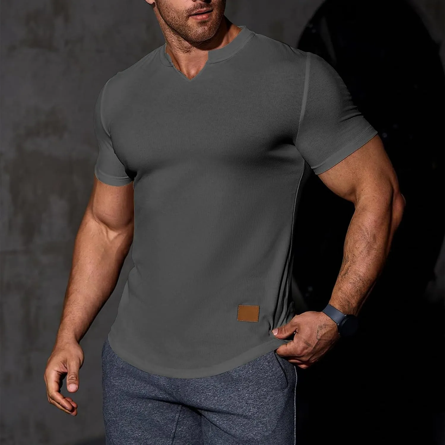 Men's Fashion Ribbed V Neck T Shirts Side Slit Hem Gym Training Workout Tunic Tops Summer Casual Short Sleeve Tees