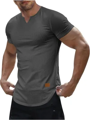 Men's Fashion Ribbed V Neck T Shirts Side Slit Hem Gym Training Workout Tunic Tops Summer Casual Short Sleeve Tees