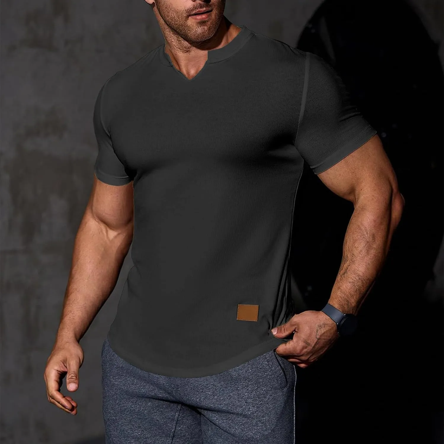Men's Fashion Ribbed V Neck T Shirts Side Slit Hem Gym Training Workout Tunic Tops Summer Casual Short Sleeve Tees