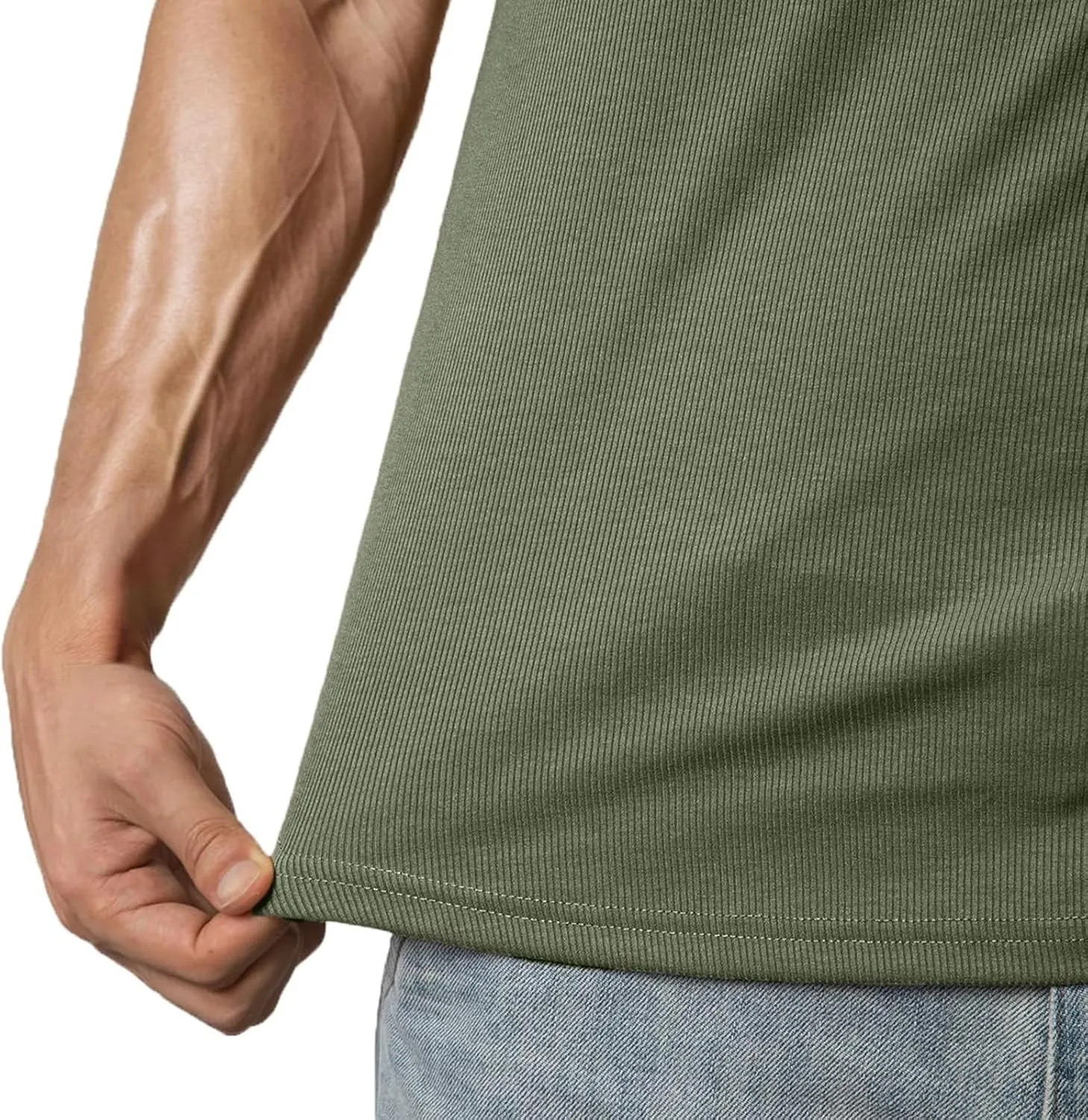 Men's Fashion Ribbed V Neck T Shirts Side Slit Hem Gym Training Workout Tunic Tops Summer Casual Short Sleeve Tees