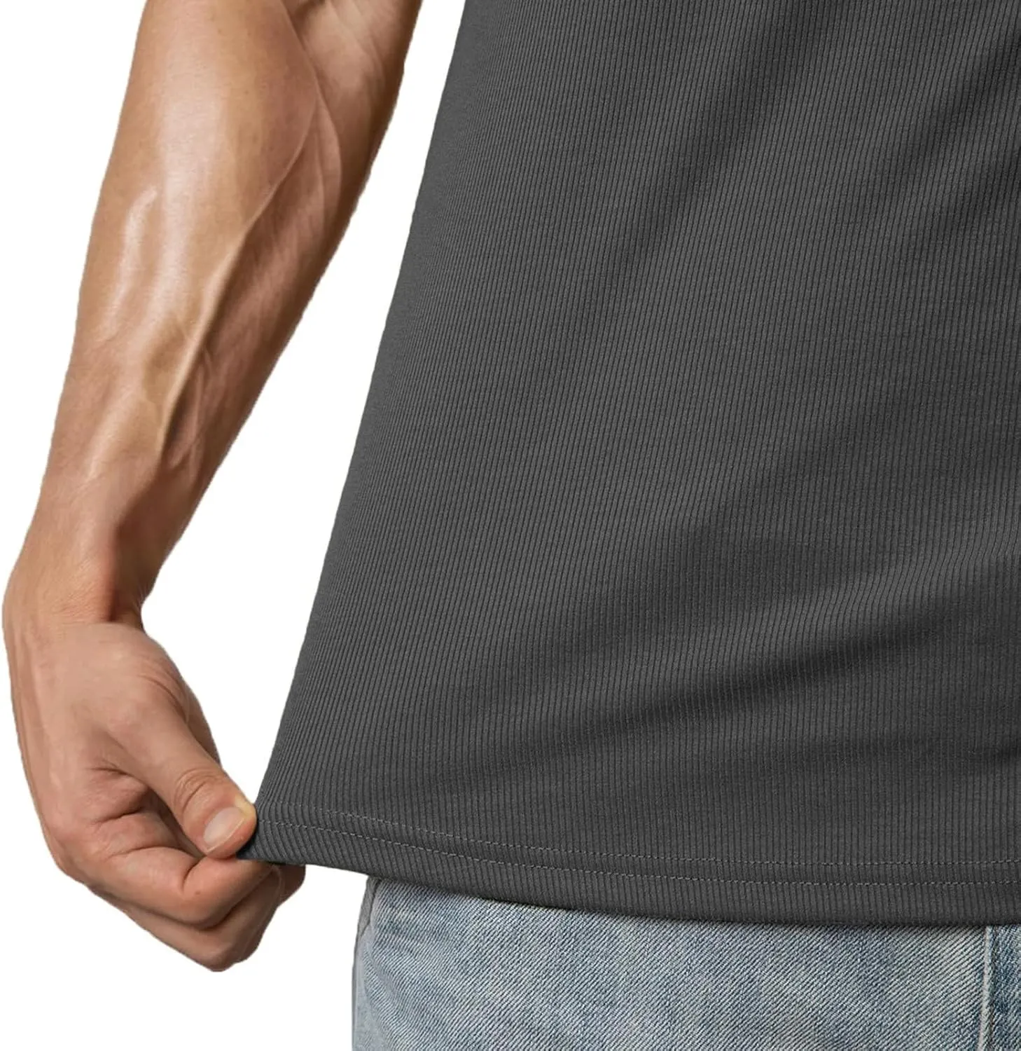 Men's Fashion Ribbed V Neck T Shirts Side Slit Hem Gym Training Workout Tunic Tops Summer Casual Short Sleeve Tees