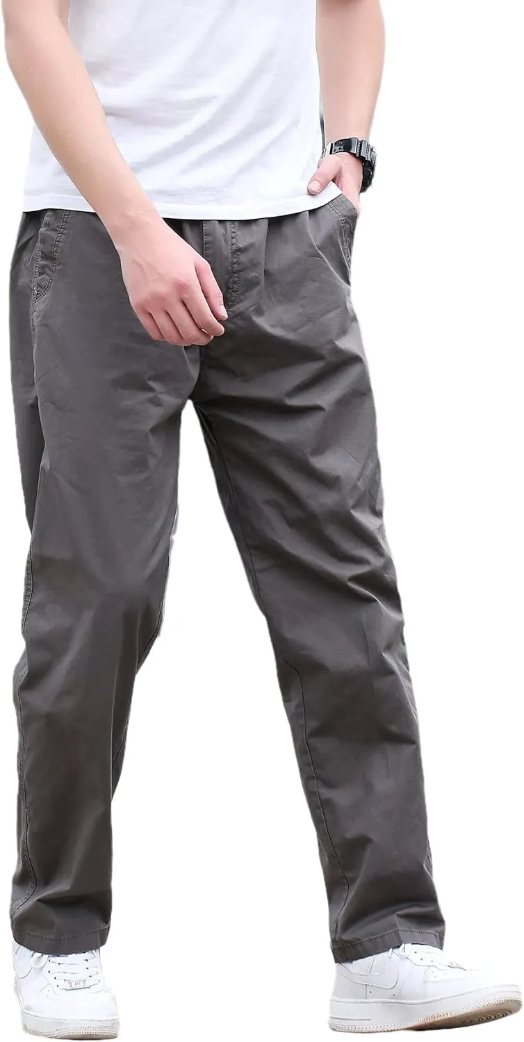 Mens Lightweight Full Elastic Waist Twill Drawstring Casual Pants