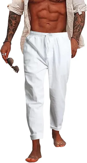 Mens Linen Loose Pant Lightweight Elastic Waist Trousers Csual Pant