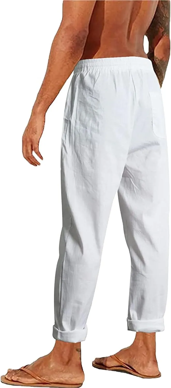 Mens Linen Loose Pant Lightweight Elastic Waist Trousers Csual Pant