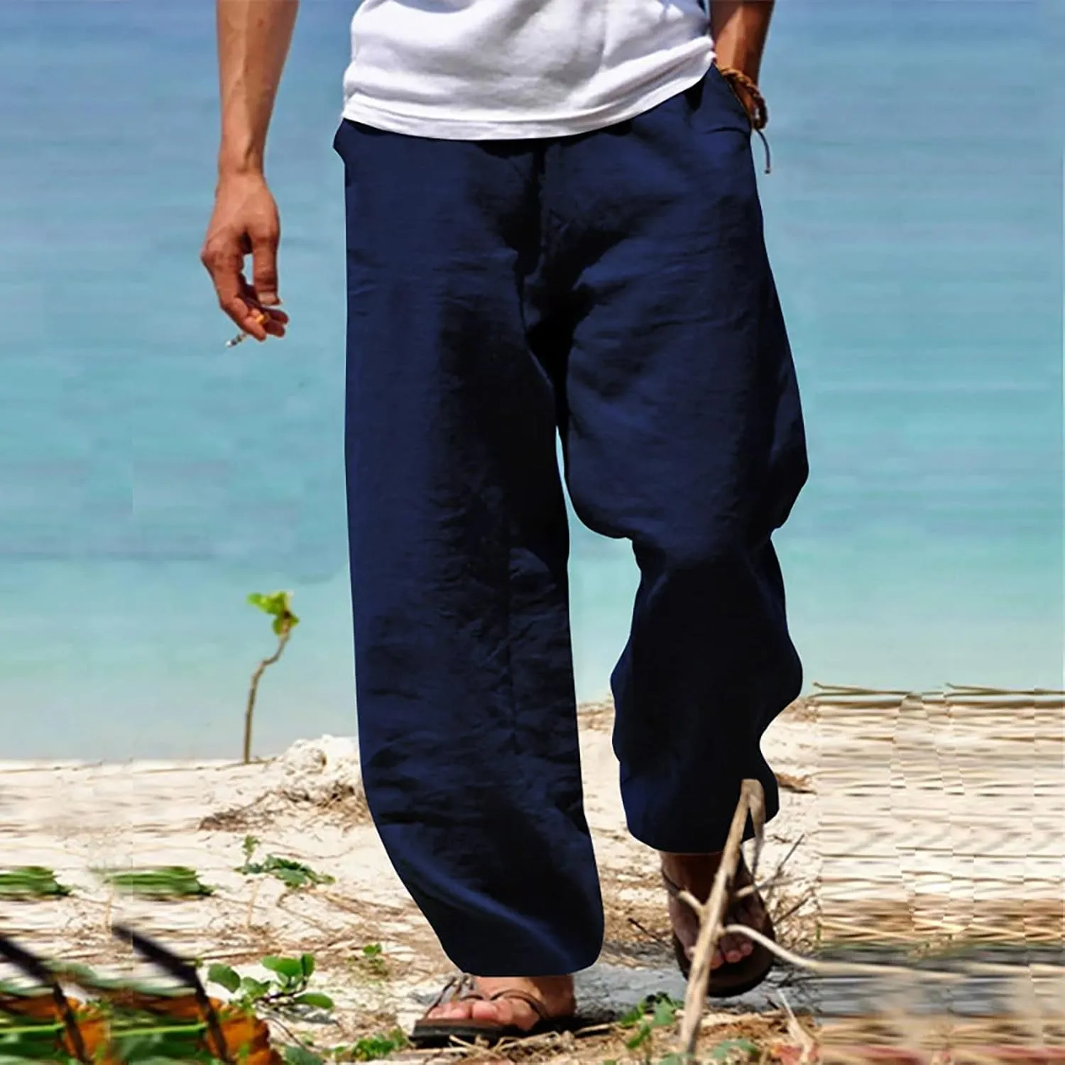 Men's Linen Solid Color Casual Drawstring Pocket Pants Lightweight Elastic Waist