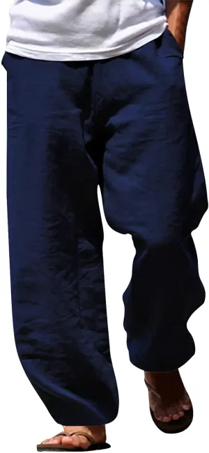 Men's Linen Solid Color Casual Drawstring Pocket Pants Lightweight Elastic Waist