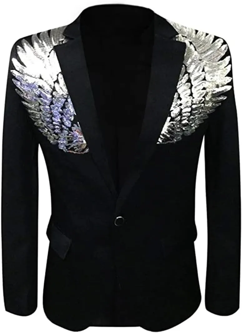 Mens Pink Wing Sequin Tuxedo Blazer Jacket Collar Slim Fit Suit Blazer Wedding Party Prom Singer Costumes