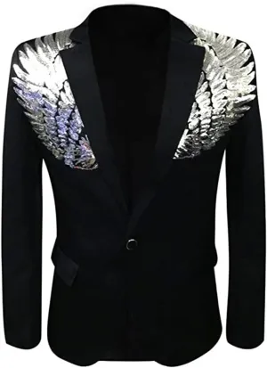 Mens Pink Wing Sequin Tuxedo Blazer Jacket Collar Slim Fit Suit Blazer Wedding Party Prom Singer Costumes