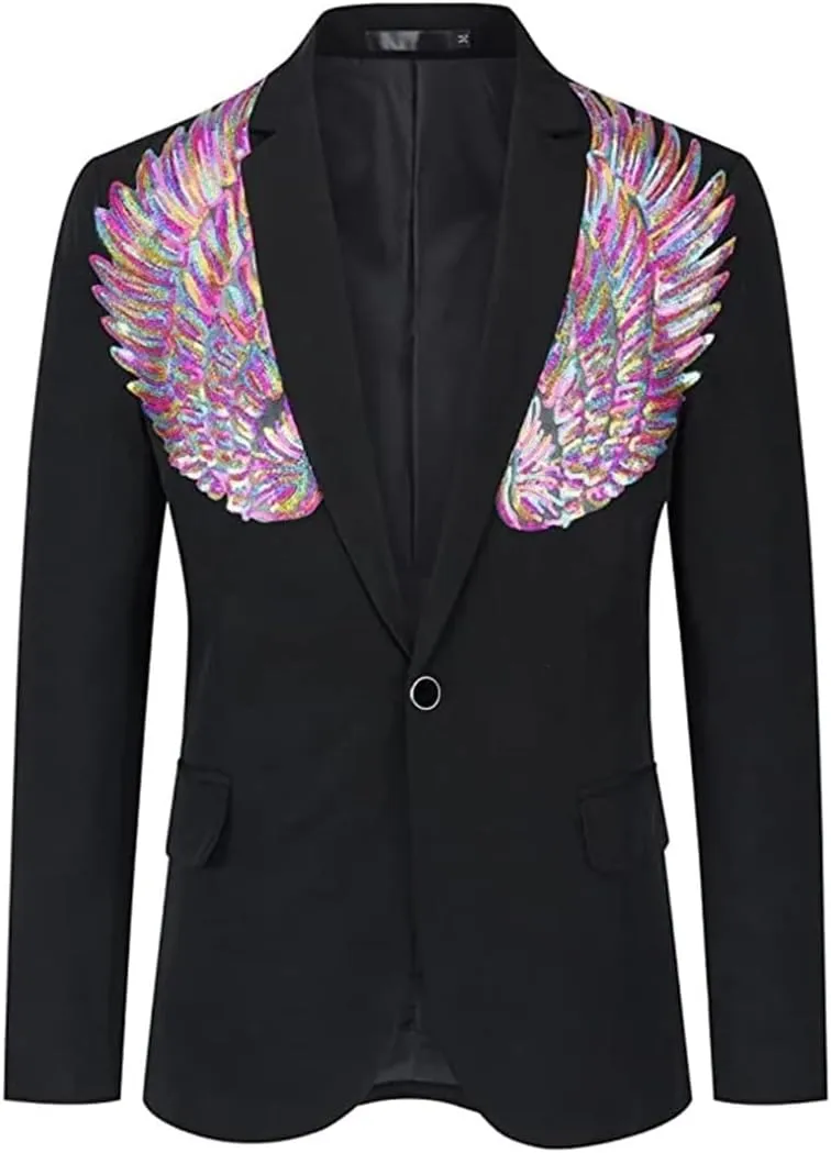 Mens Pink Wing Sequin Tuxedo Blazer Jacket Collar Slim Fit Suit Blazer Wedding Party Prom Singer Costumes