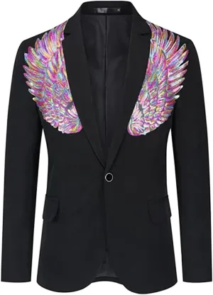 Mens Pink Wing Sequin Tuxedo Blazer Jacket Collar Slim Fit Suit Blazer Wedding Party Prom Singer Costumes