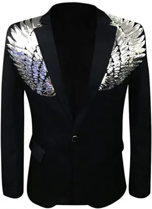 Mens Pink Wing Sequin Tuxedo Blazer Jacket One Button Shawl Collar Slim Fit Suit Blazer