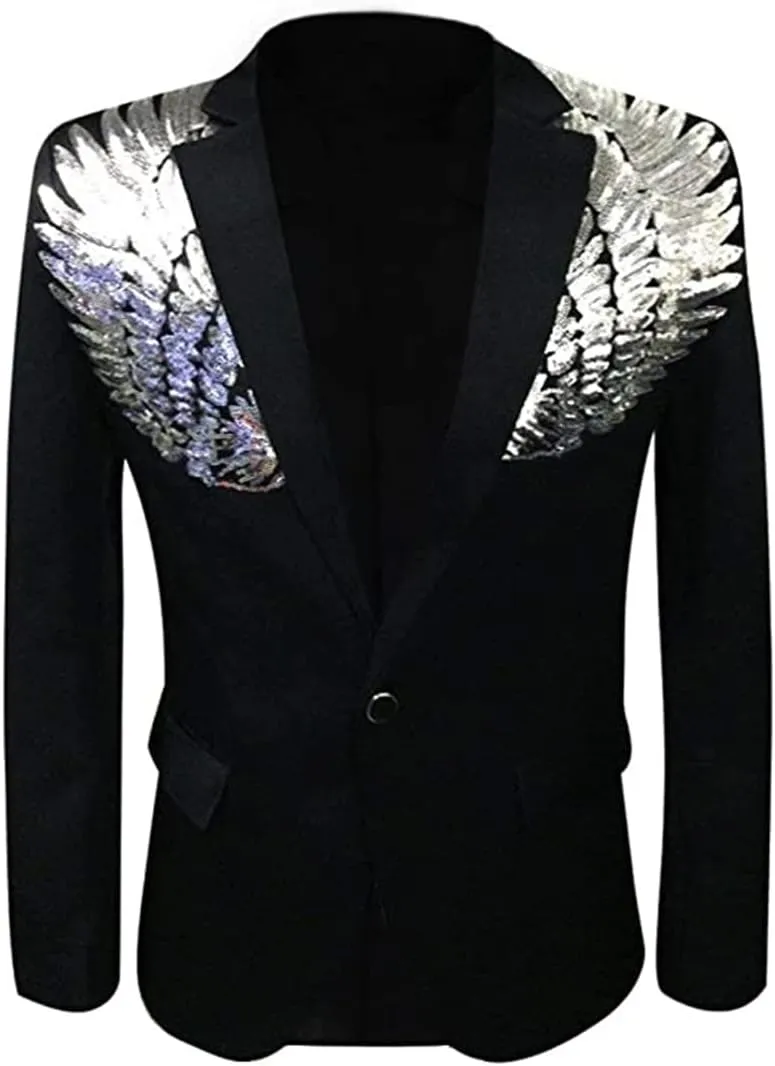 Mens Pink Wing Sequin Tuxedo Blazer Jacket One Button Shawl Collar Slim Fit Suit Blazer