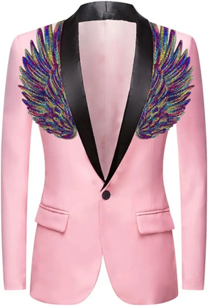 Mens Pink Wing Sequin Tuxedo Blazer Jacket One Button Shawl Collar Slim Fit Suit Blazer