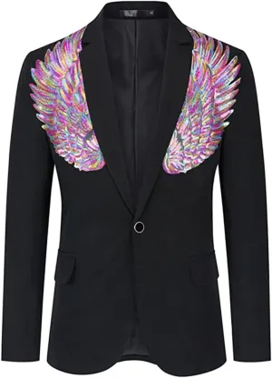 Mens Pink Wing Sequin Tuxedo Blazer Jacket One Button Shawl Collar Slim Fit Suit Blazer