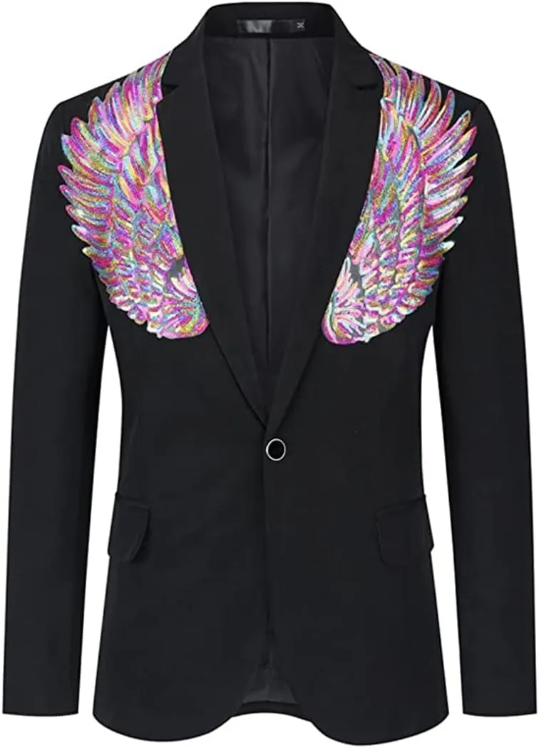 Mens Pink Wing Sequin Tuxedo Blazer Jacket One Button Shawl Collar Slim Fit Suit Blazer