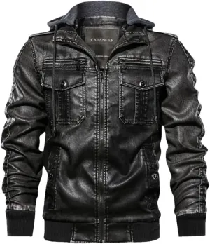 Mens PU Hooded Jackets Coats Motorcycle Biker Faux Leather Jacket Classic Winter Jackets