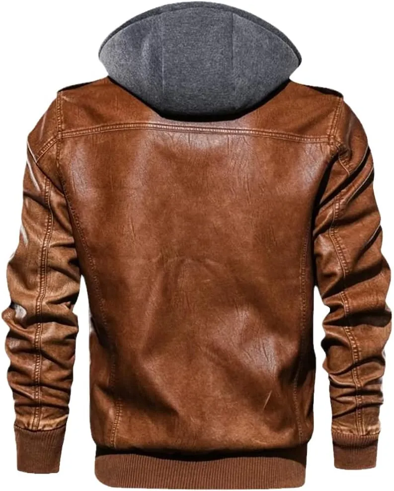 Mens PU Hooded Jackets Coats Motorcycle Biker Faux Leather Jacket Classic Winter Jackets