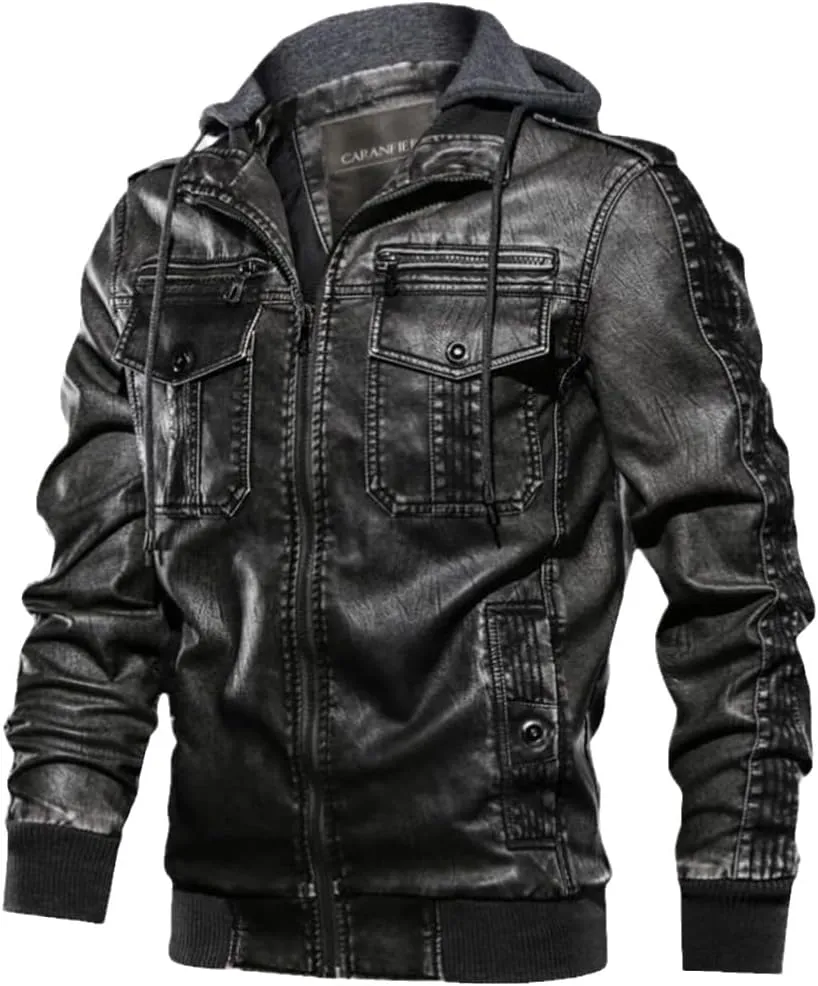 Mens PU Hooded Jackets Coats Motorcycle Biker Faux Leather Jacket Classic Winter Jackets