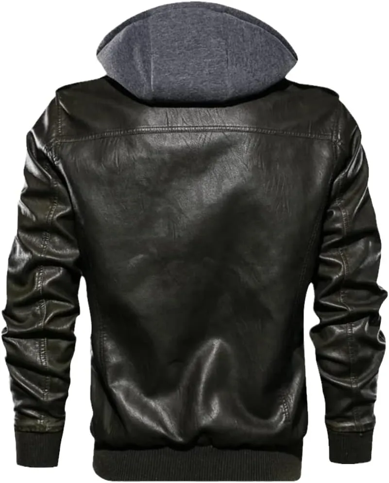 Mens PU Hooded Jackets Coats Motorcycle Biker Faux Leather Jacket Classic Winter Jackets