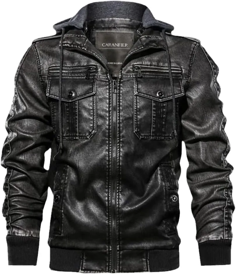 Mens PU Hooded Jackets Coats Motorcycle Biker Faux Leather Jacket Classic Winter Jackets