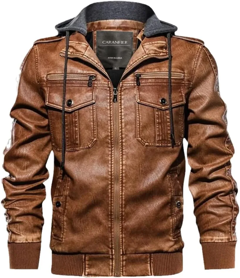 Mens PU Hooded Jackets Coats Motorcycle Biker Faux Leather Jacket Classic Winter Jackets