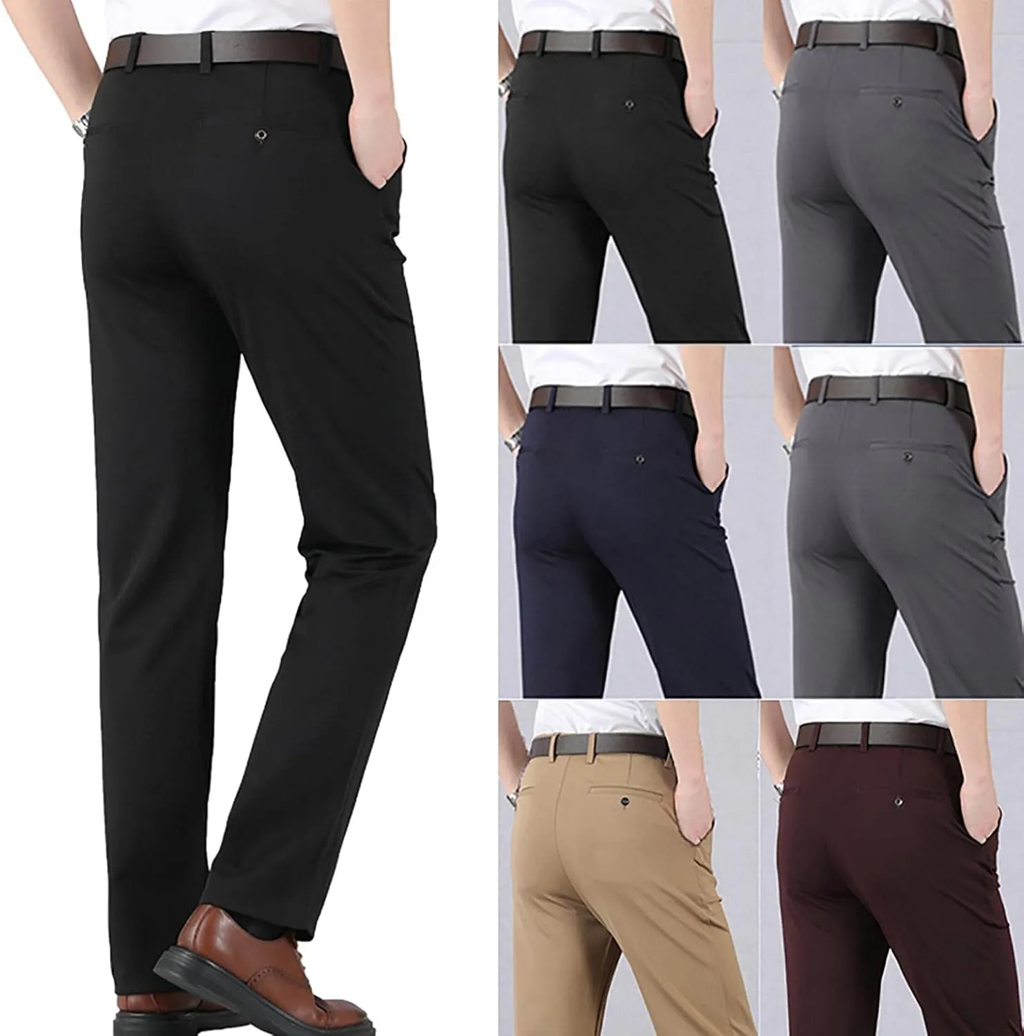 Men's Slim Fit Dress Pant Flex Flat Front Expandable-Waist Suit Pants Modern Fit Wrinkle-Resistant Tapered Chino Pants