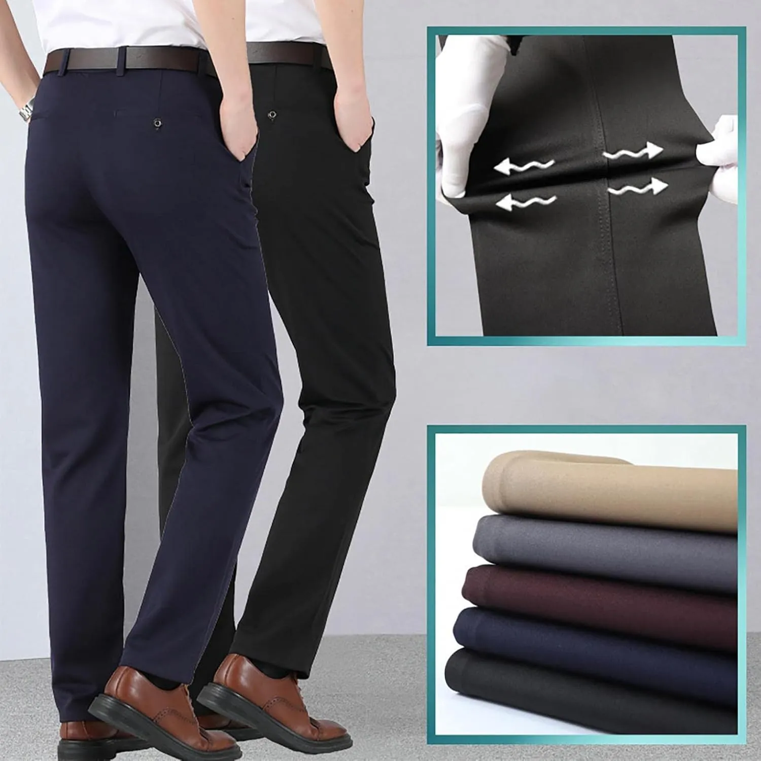 Men's Slim Fit Dress Pant Flex Flat Front Expandable-Waist Suit Pants Modern Fit Wrinkle-Resistant Tapered Chino Pants