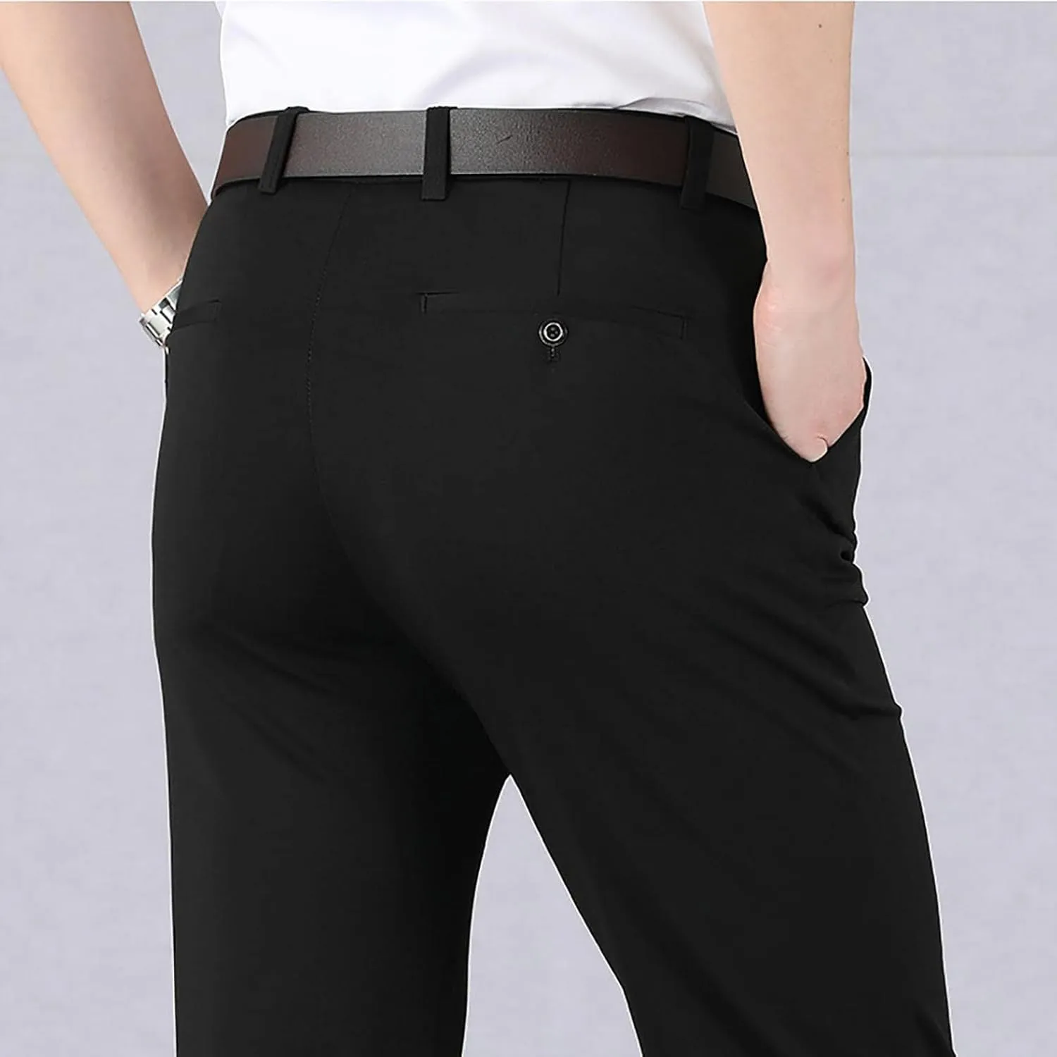 Men's Slim Fit Dress Pant Flex Flat Front Expandable-Waist Suit Pants Modern Fit Wrinkle-Resistant Tapered Chino Pants