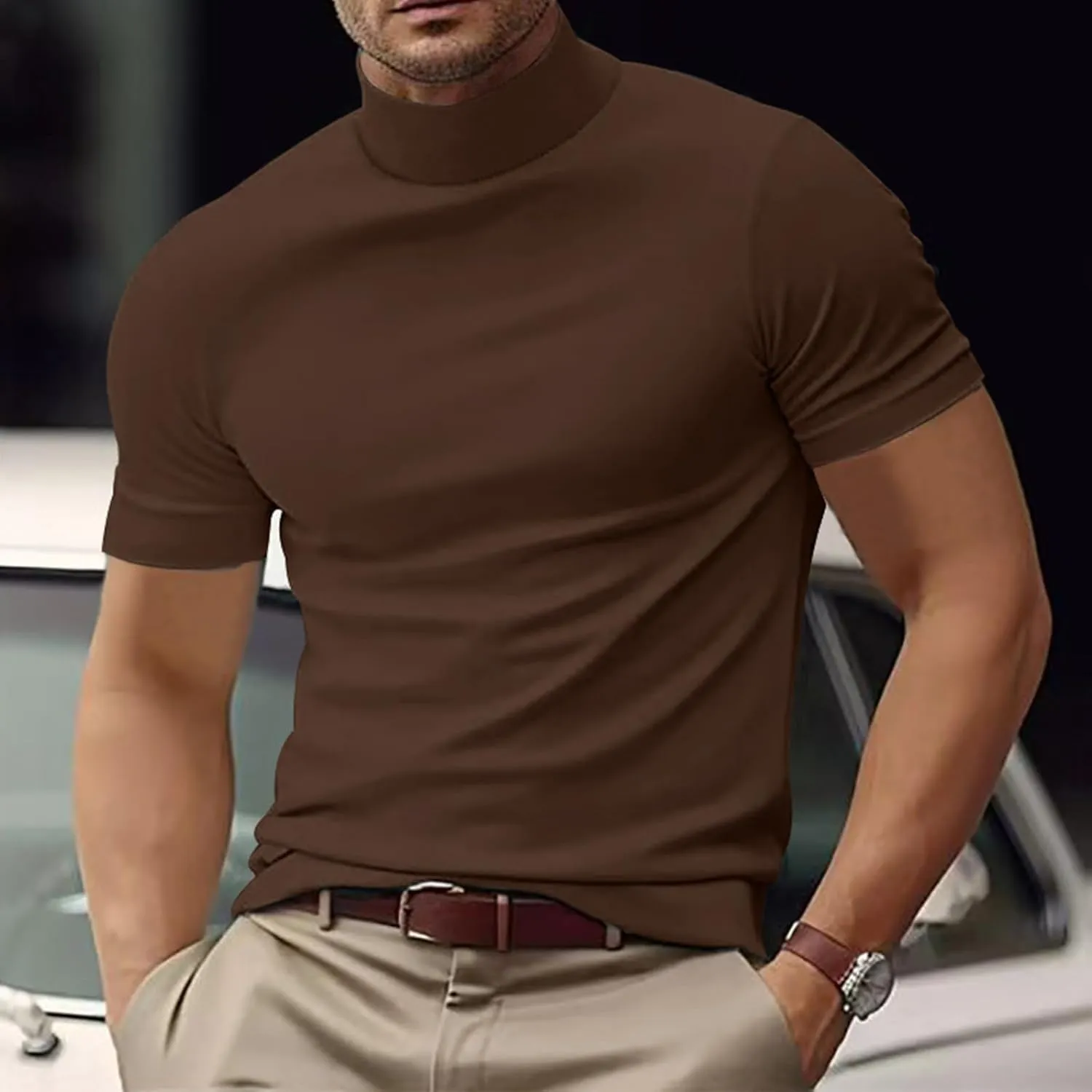 Mens T Shirt Short Sleeve Basic Mock Turtleneck Tshirts Slim Fit Undershirt Pullover Thermal Solid Shirts Tops Men