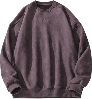 Mens Vintage Crew Neck Sweatshirts Loose Oversized T-Shirt Drop Shoulder Long Sleeve Sweatshirt Suede Pullover