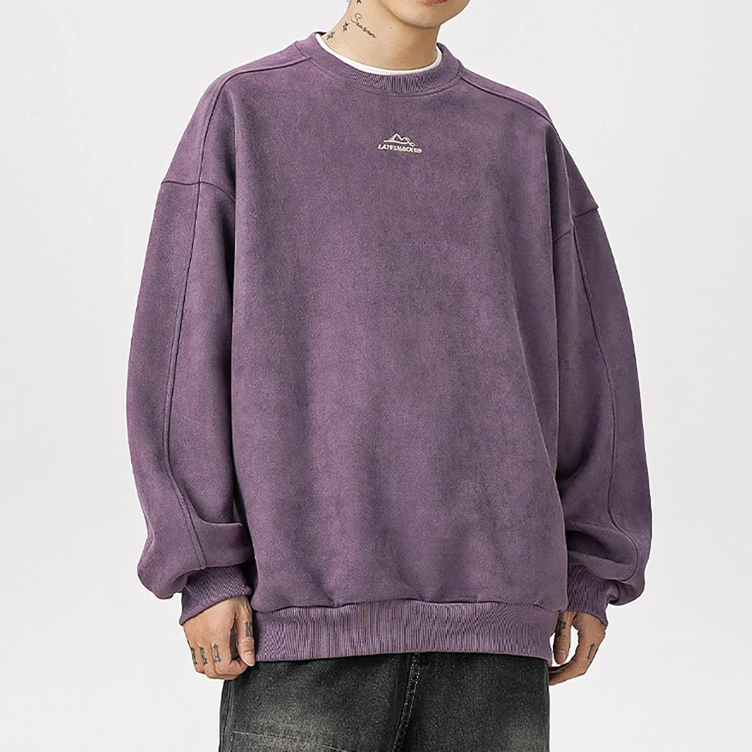 Mens Vintage Crew Neck Sweatshirts Loose Oversized T-Shirt Drop Shoulder Long Sleeve Sweatshirt Suede Pullover