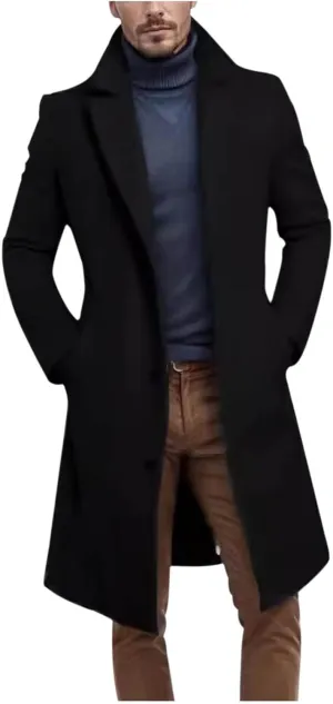 Men's Wool Blend Long Pea Coat Single Breasted Slim Fit Trench Coats Winter Fashion Casual Overcoat Jackets