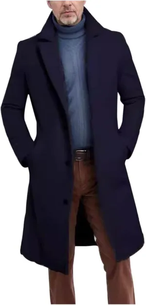 Men's Wool Blend Long Pea Coat Single Breasted Slim Fit Trench Coats Winter Fashion Casual Overcoat Jackets