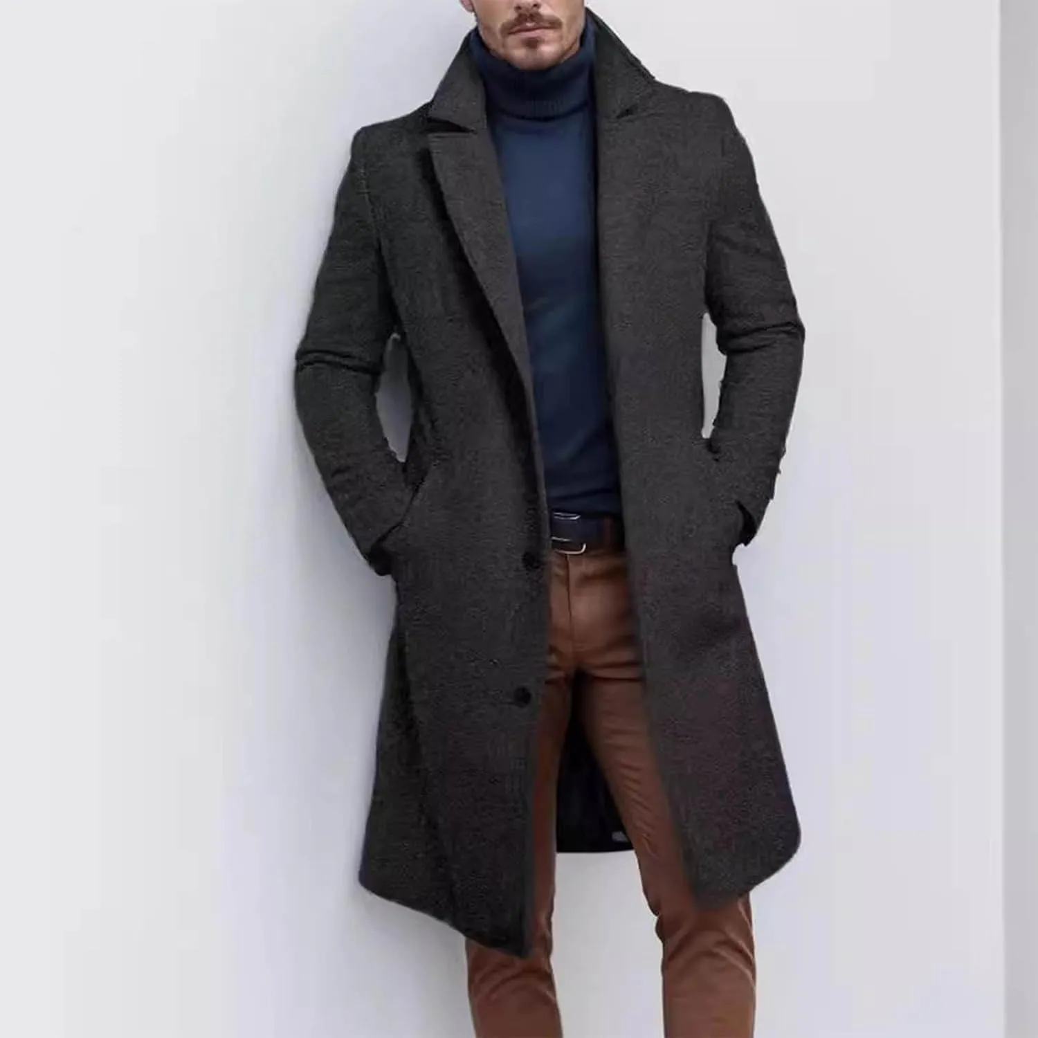 Men's Wool Blend Long Pea Coat Single Breasted Slim Fit Trench Coats Winter Fashion Casual Overcoat Jackets