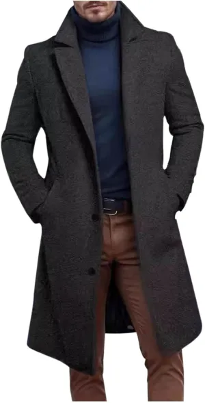 Men's Wool Blend Long Pea Coat Single Breasted Slim Fit Trench Coats Winter Fashion Casual Overcoat Jackets