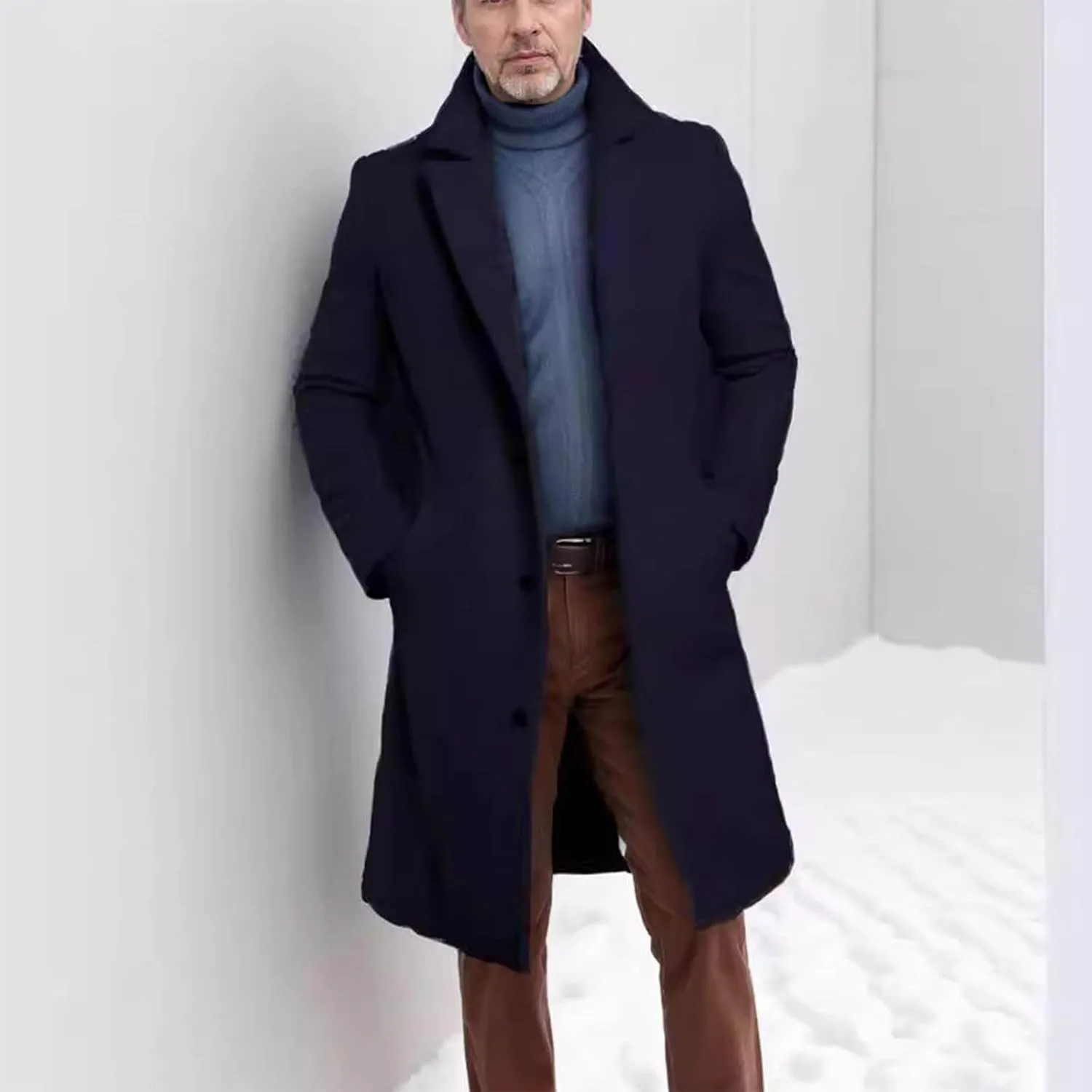 Men's Wool Blend Long Pea Coat Single Breasted Slim Fit Trench Coats Winter Fashion Casual Overcoat Jackets