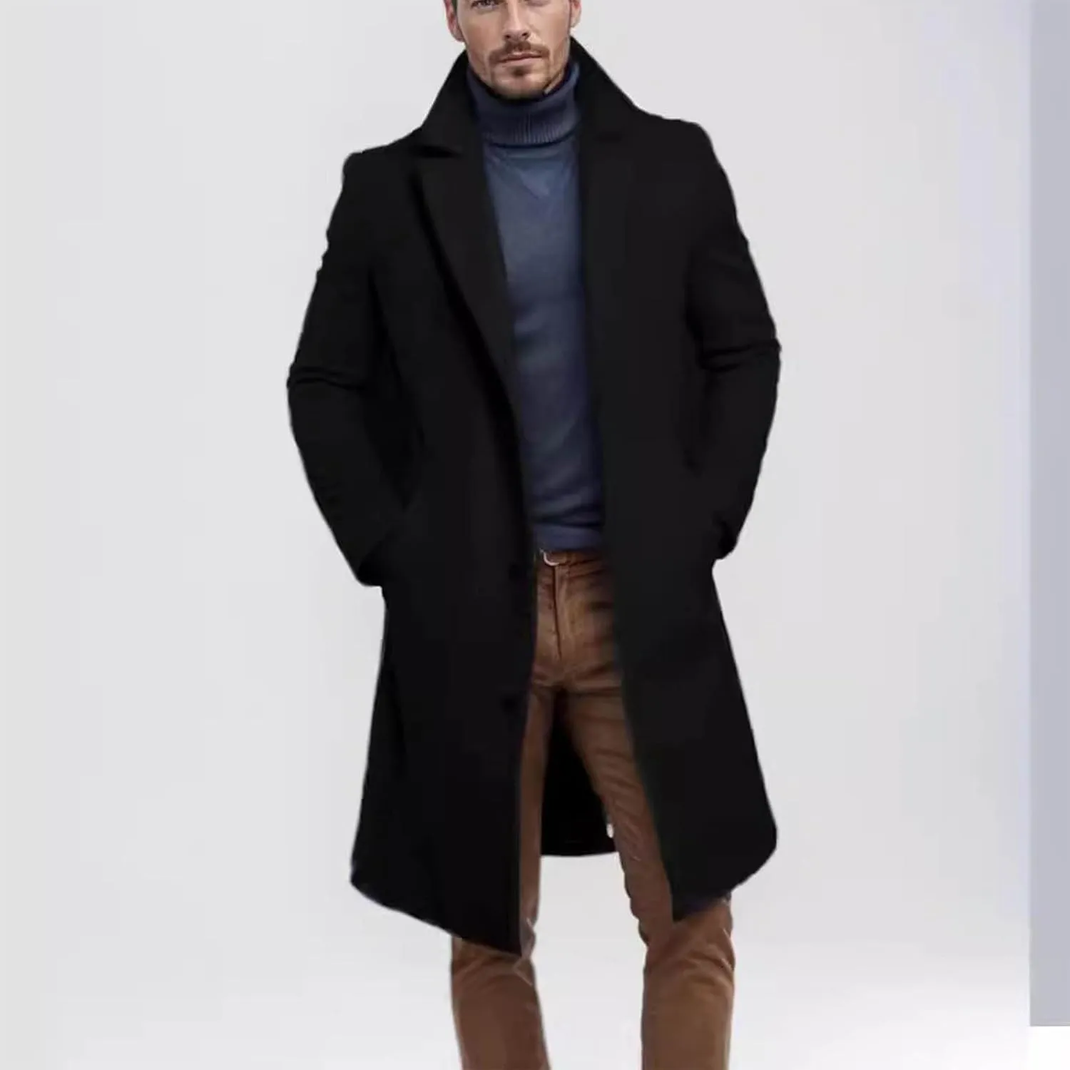 Men's Wool Blend Long Pea Coat Single Breasted Slim Fit Trench Coats Winter Fashion Casual Overcoat Jackets