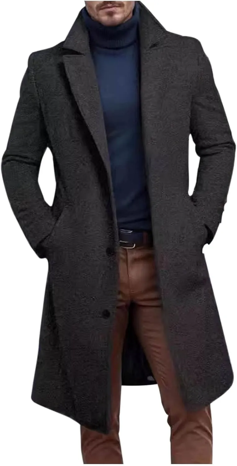 Men's Wool Blend Long Pea Coat Single Breasted Slim Fit Trench Coats Winter Fashion Casual Overcoat Jackets