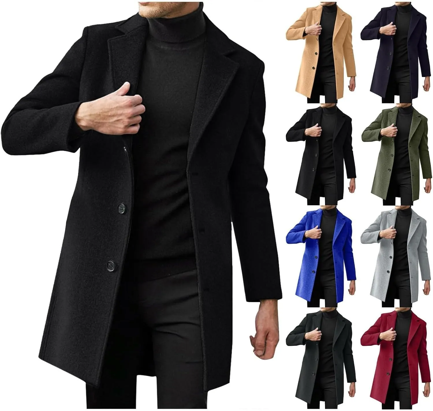Men's Wool Blend Pea Coat Notched Collar Single Breasted Overcoat Warm Winter Mid-Length Thermal Business Peacoat