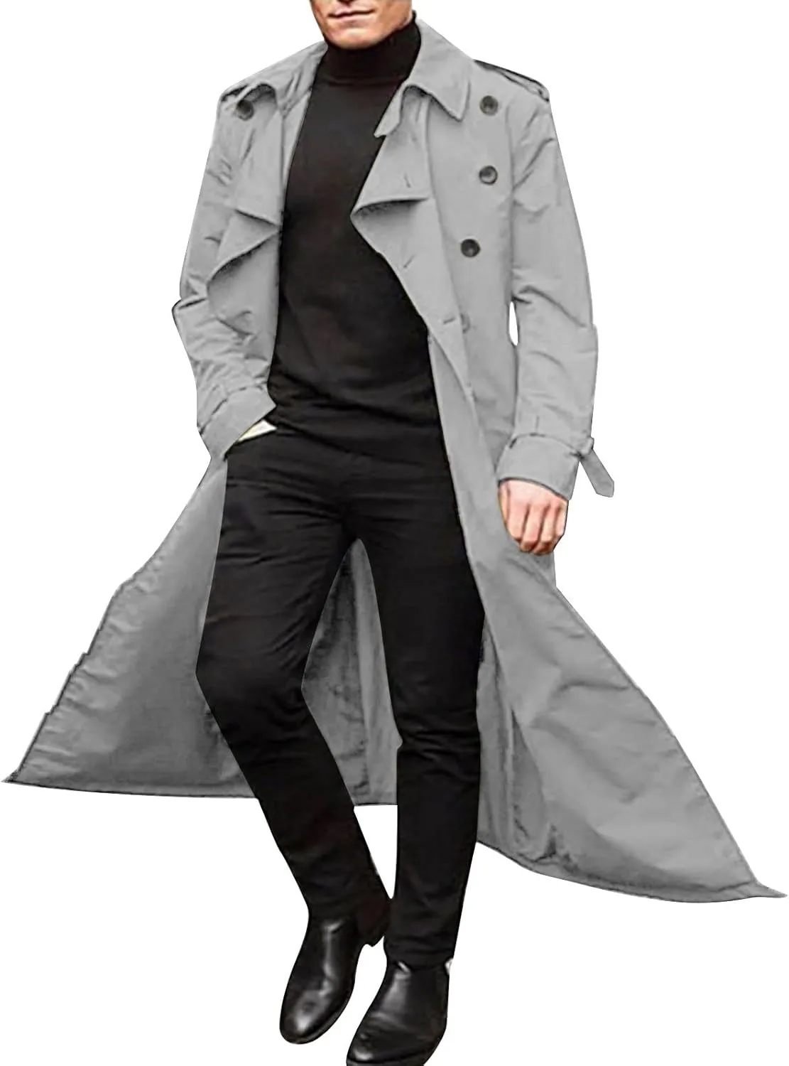 Men's Wool Blend Windbreaker Single-Breasted Notched Lapel Midi-Length Pea Top Warm Knee-Length Woolen Coat