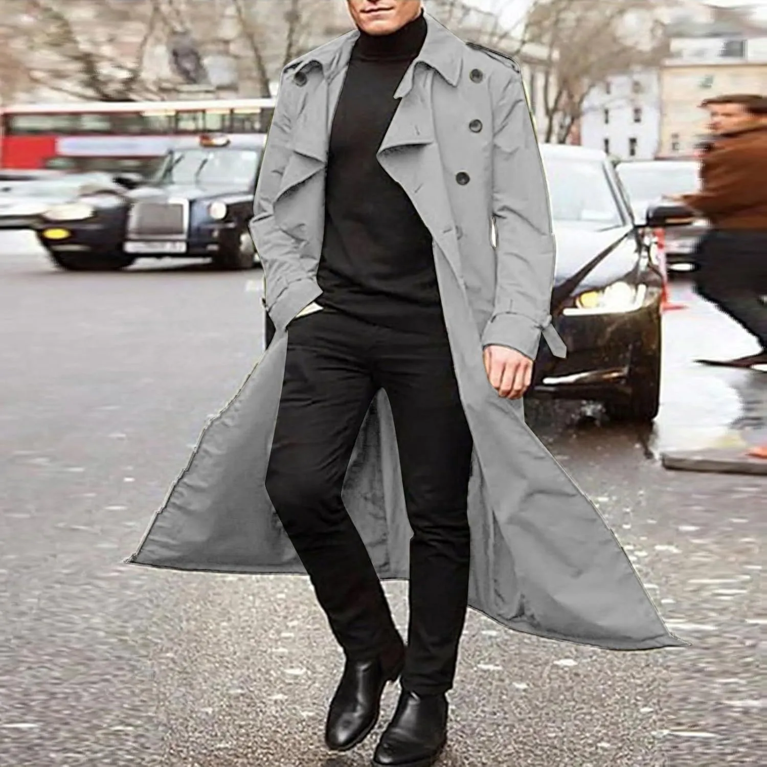 Men's Wool Blend Windbreaker Single-Breasted Notched Lapel Midi-Length Pea Top Warm Knee-Length Woolen Coat