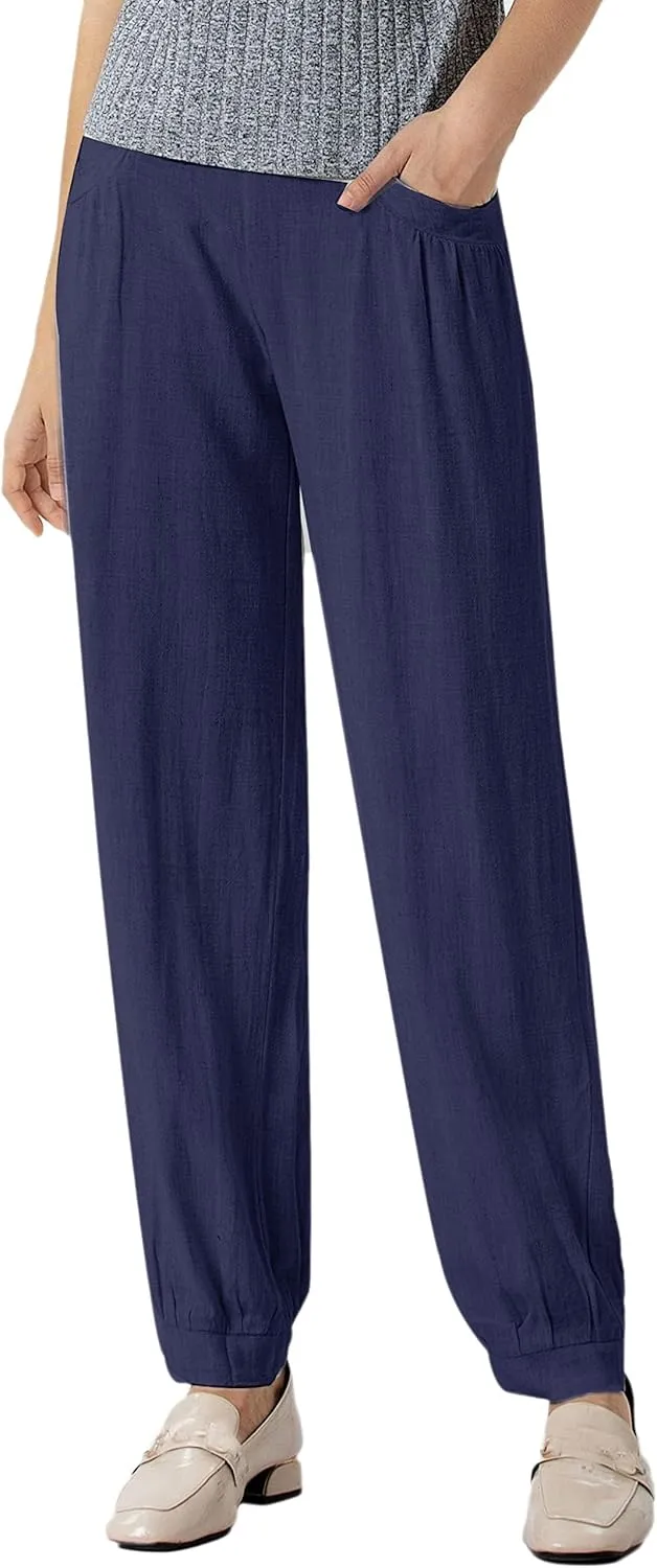 Minibee Women's Cotton Linen Tapered Cropped Pants Elastic Waist Trousers