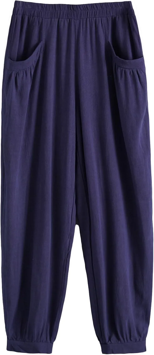 Minibee Women's Cotton Linen Tapered Cropped Pants Elastic Waist Trousers