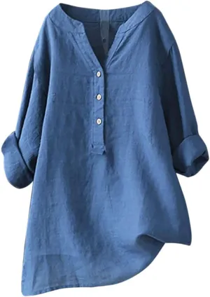 Mmoneyake Womens Cotton Linen Shirts Casual V Neck Oversized Tshirts Solid 3/4 Sleeve Tunic Tops Summer Blouses for Women