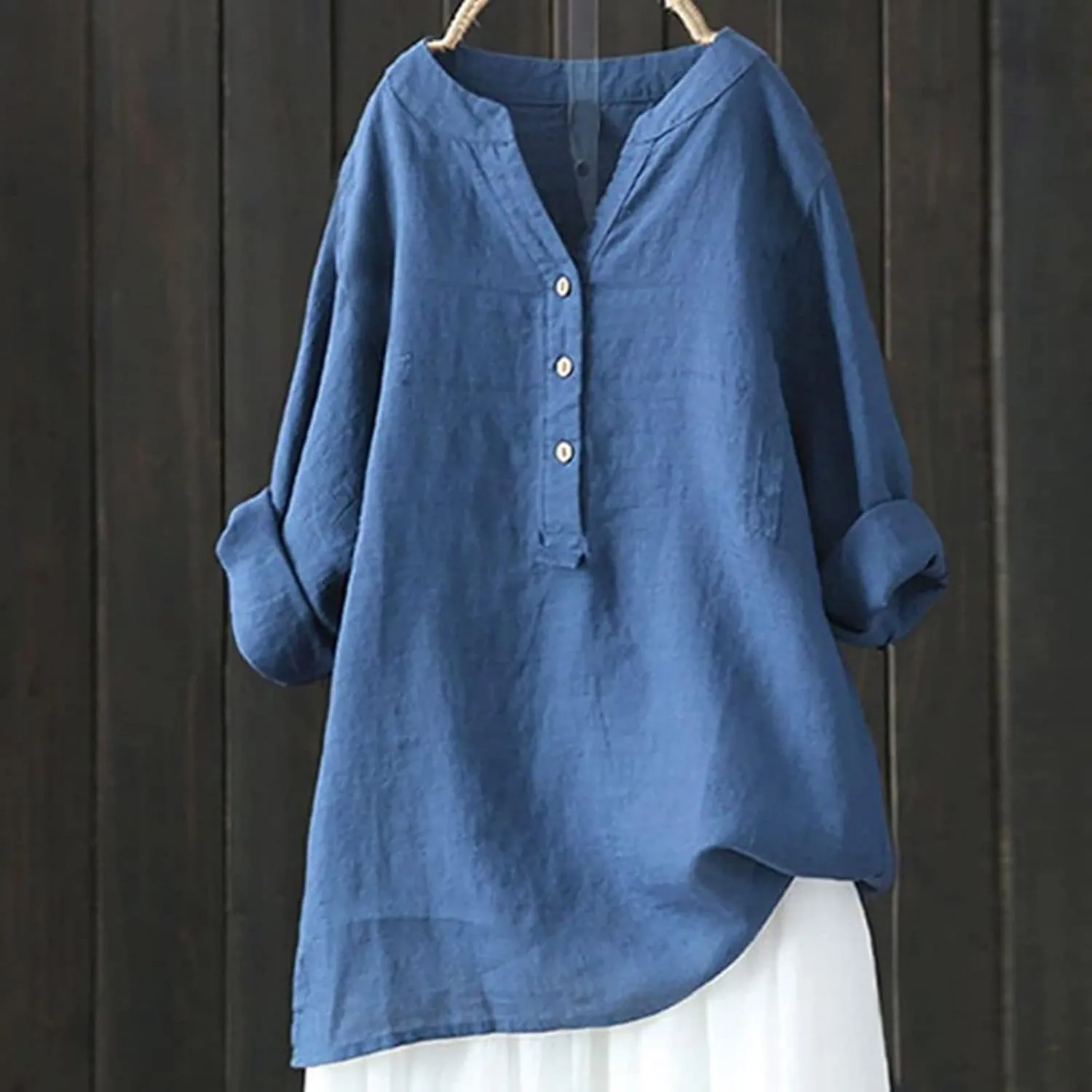 Mmoneyake Womens Cotton Linen Shirts Casual V Neck Oversized Tshirts Solid 3/4 Sleeve Tunic Tops Summer Blouses for Women