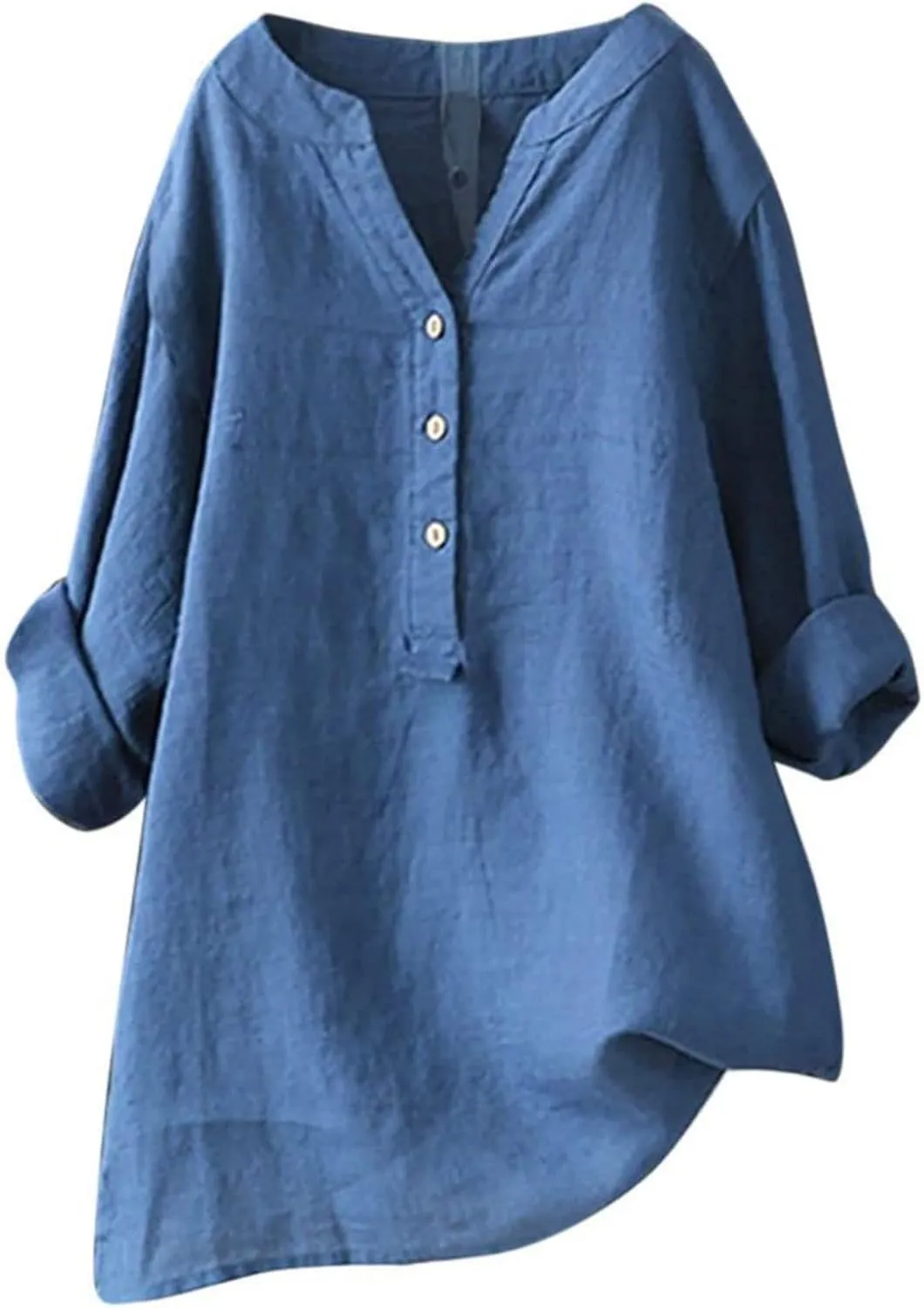 Mmoneyake Womens Cotton Linen Shirts Casual V Neck Oversized Tshirts Solid 3/4 Sleeve Tunic Tops Summer Blouses for Women