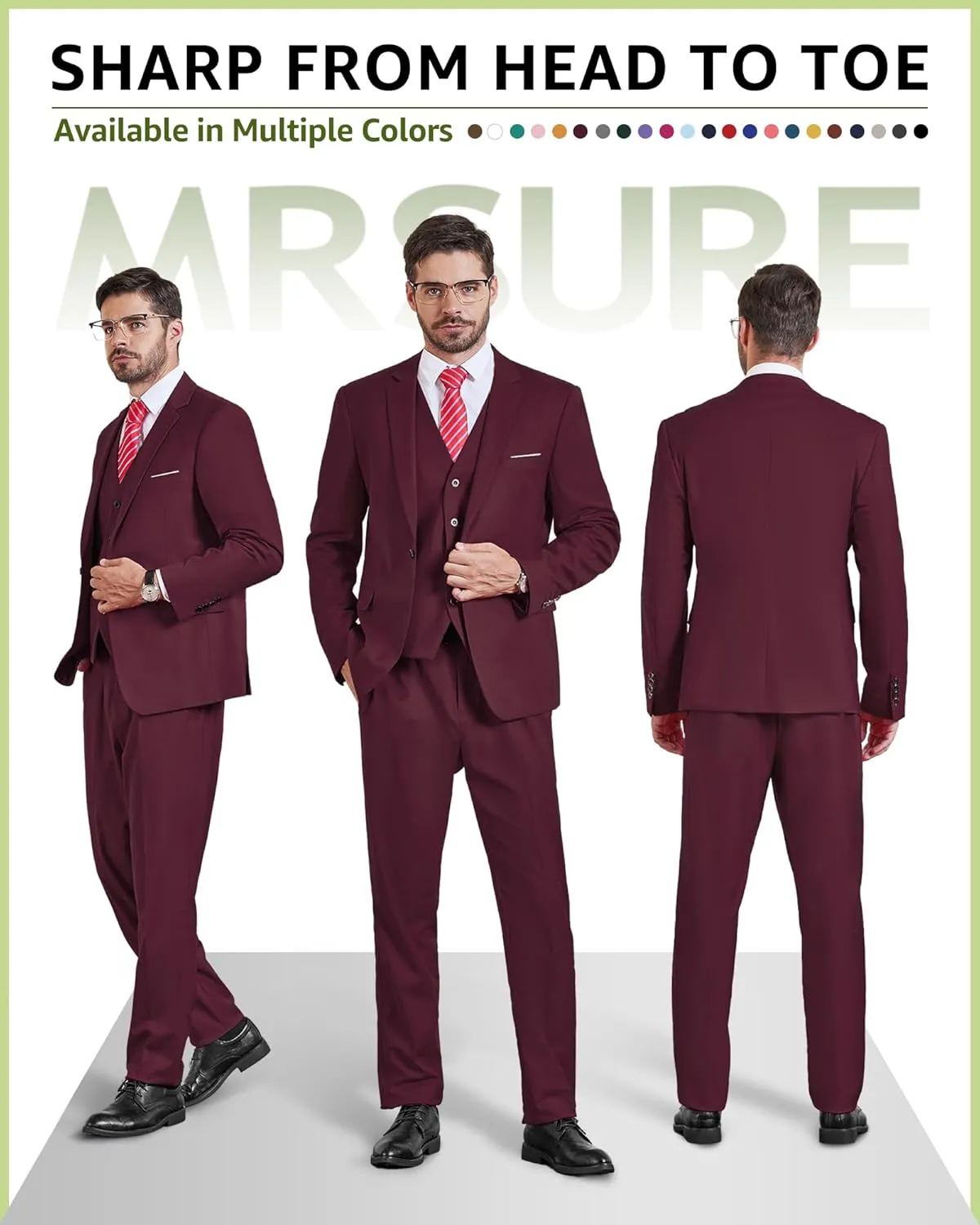 MrSure Men’s 3 Piece Suit Blazer, Slim Fit Tux with One Button, Jacket Vest Pants & Tie Set for Party, Wedding and Business