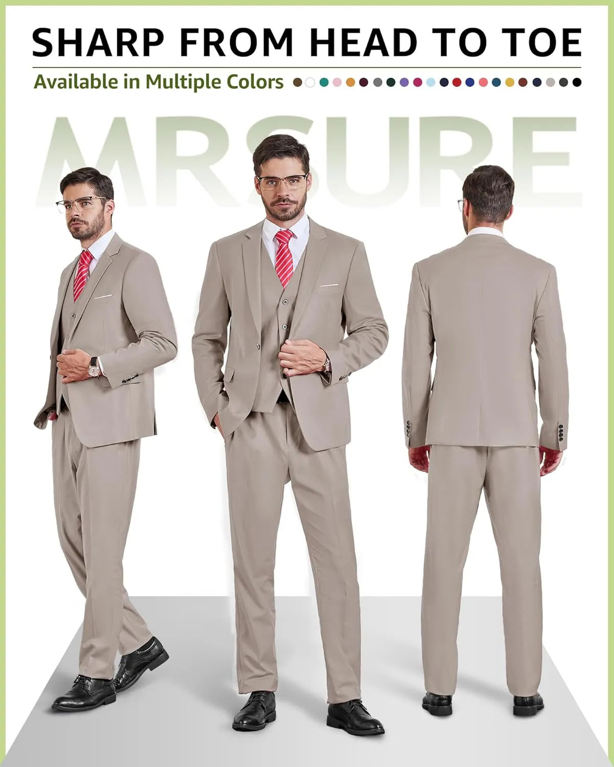 MrSure Men’s 3 Piece Suit Blazer, Slim Fit Tux with One Button, Jacket Vest Pants & Tie Set for Party, Wedding and Business